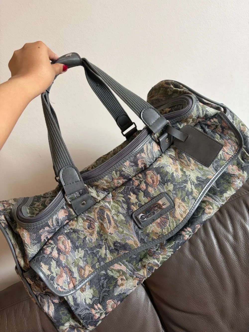 Oscar de la Renta Gray, Olive, Rust & Cream Floral Tapestry Weekender - Picture 13 of 14